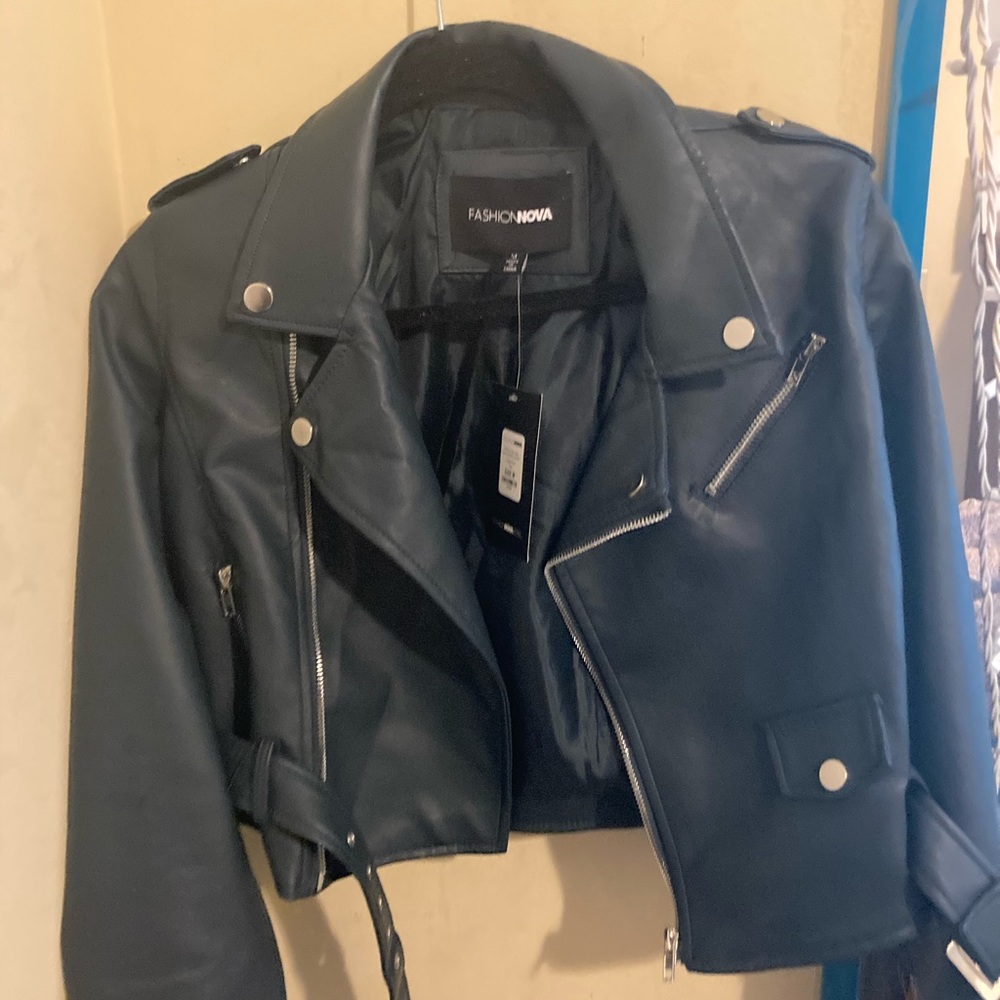 Fashion Nova Blue Crop leather Jacket
